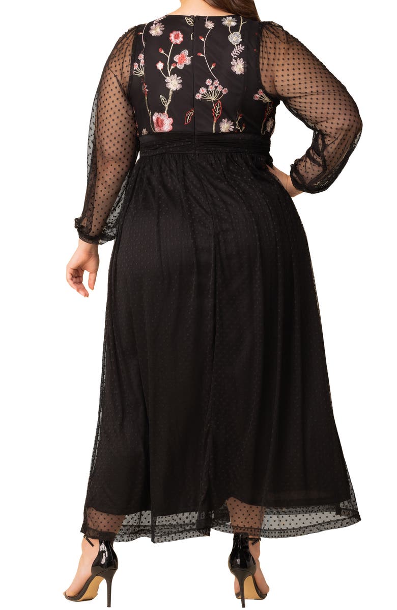 Kiyonna Mystique Embroidered Bodice Long Sleeve Mesh Gown, Alternate, color, Bordeaux Blooms