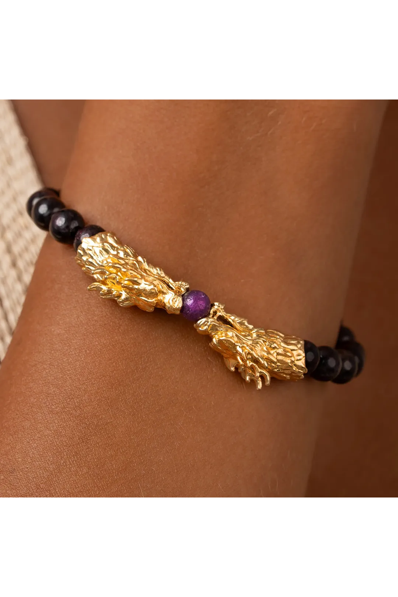 Garnet Ruby Gold Plated Dragon Charm Beaded Bracelet Dragonfire Harmony, Alternate, color, Burgundy/Gold
