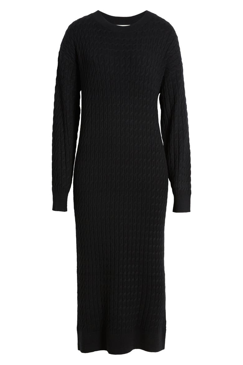 Cable Stitch Long Sleeve Midi Sweater Dress, Alternate, color, BLACK