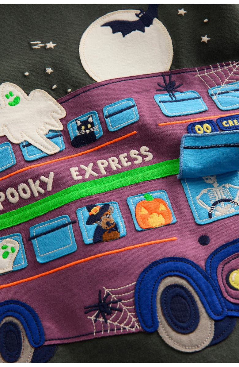 Mini Boden Kids' Halloween Appliqué Lift the Flap Long Sleeve Cotton Graphic T-Shirt, Alternate, color, Twilight Halloween Bus