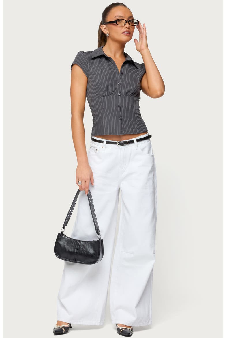 Juney Pinstripe Crop Cotton Blend Button-Up Shirt, Alternate, color, GRAY