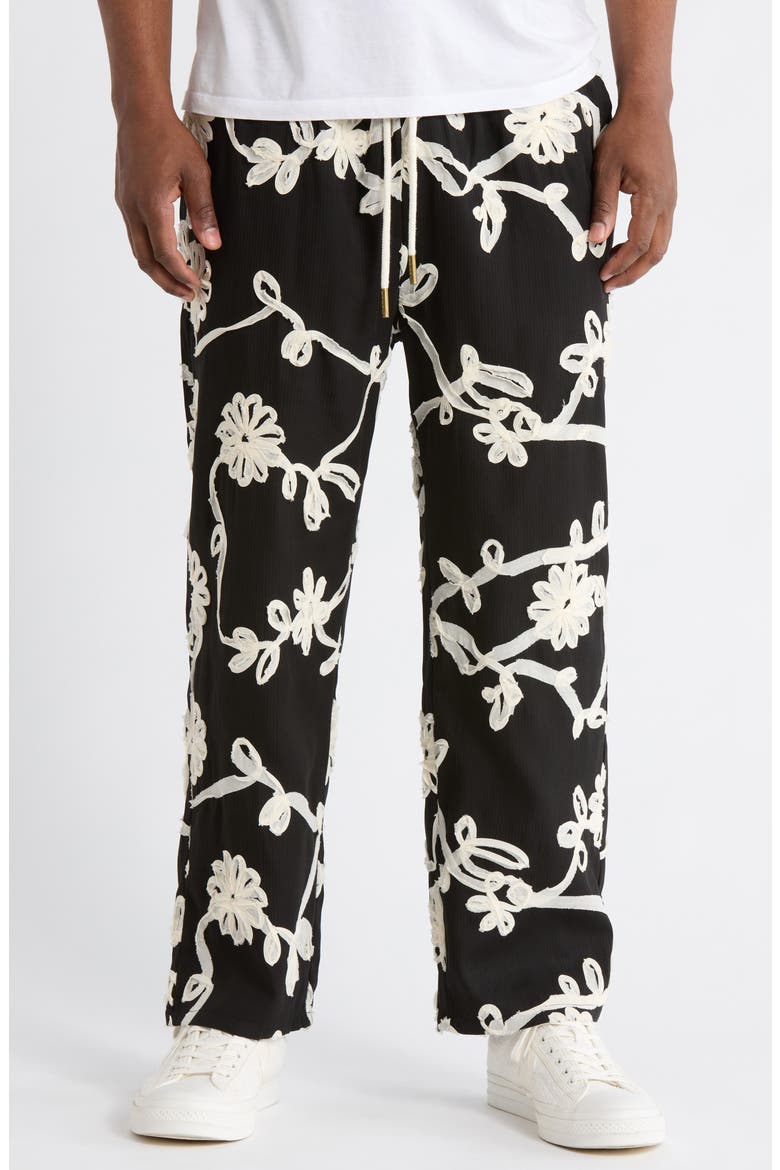 Floral Ribbon Ankle Pants, Main, color, BLACK