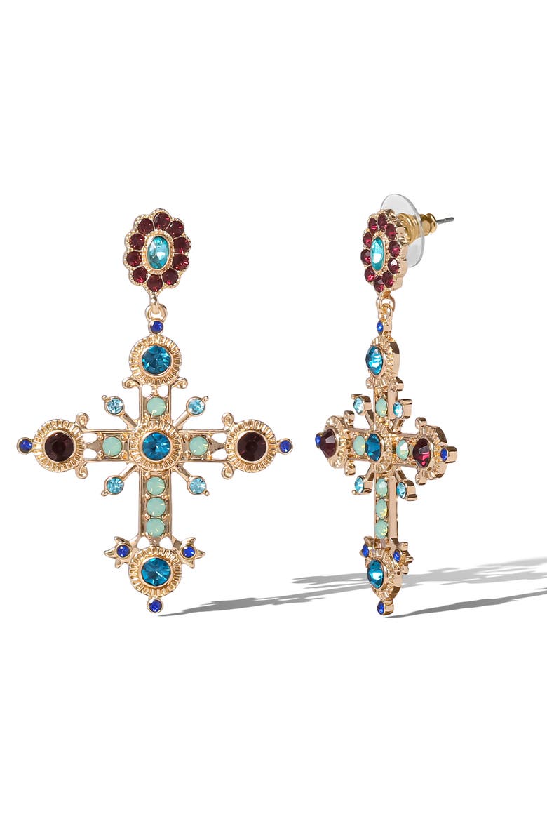 Boho Luxe Cross Drop Earrings, Alternate, color, Gold