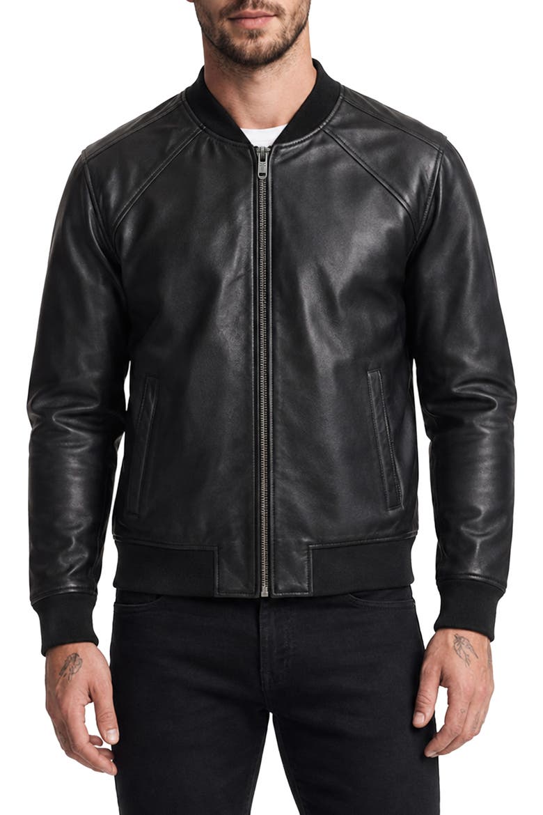 Leather Bomber Jacket, Main, color, BLACK