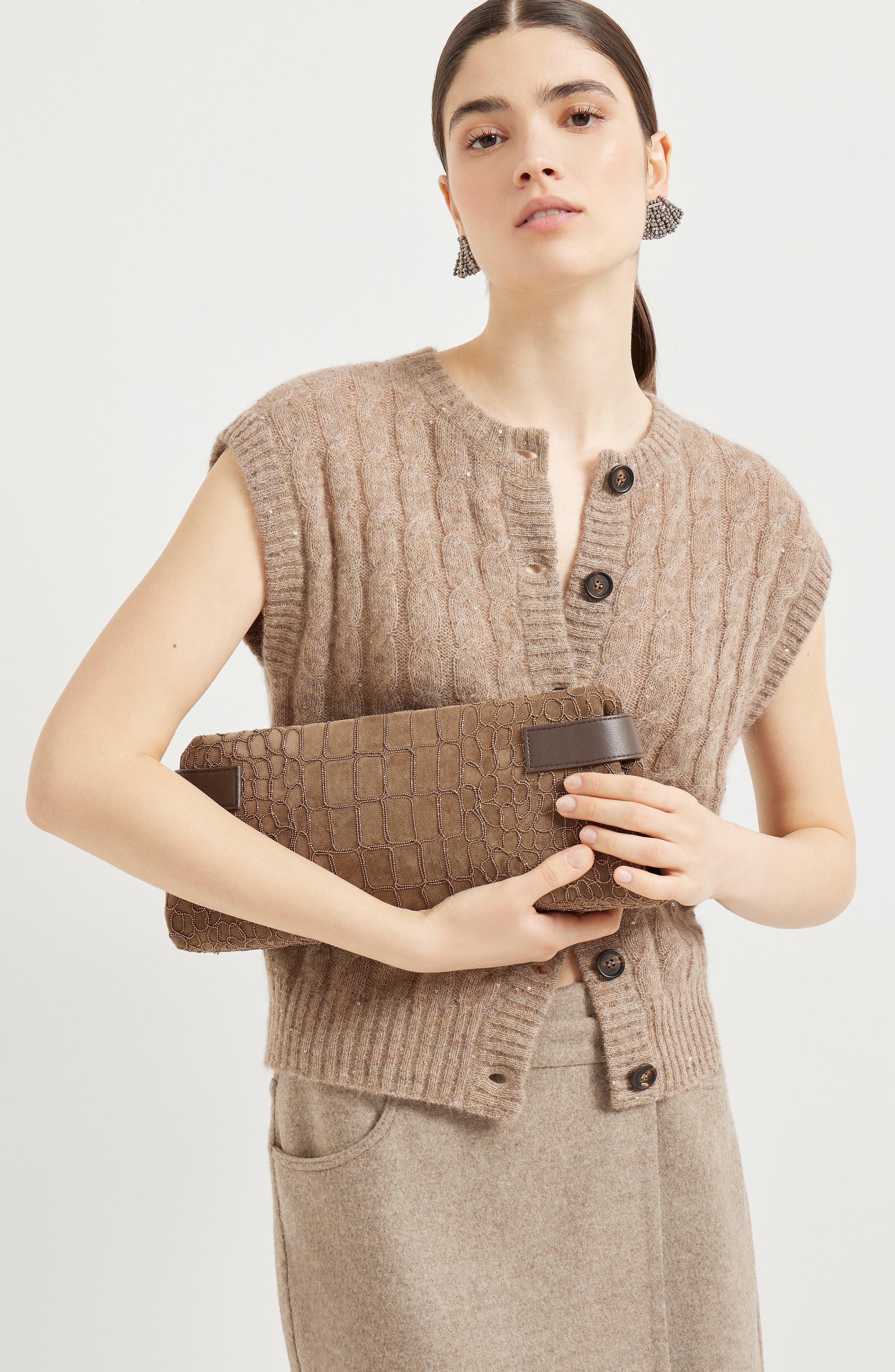 Brunello Cucinelli Essence pouch bag with croc embroidery, Alternate, color, Brown