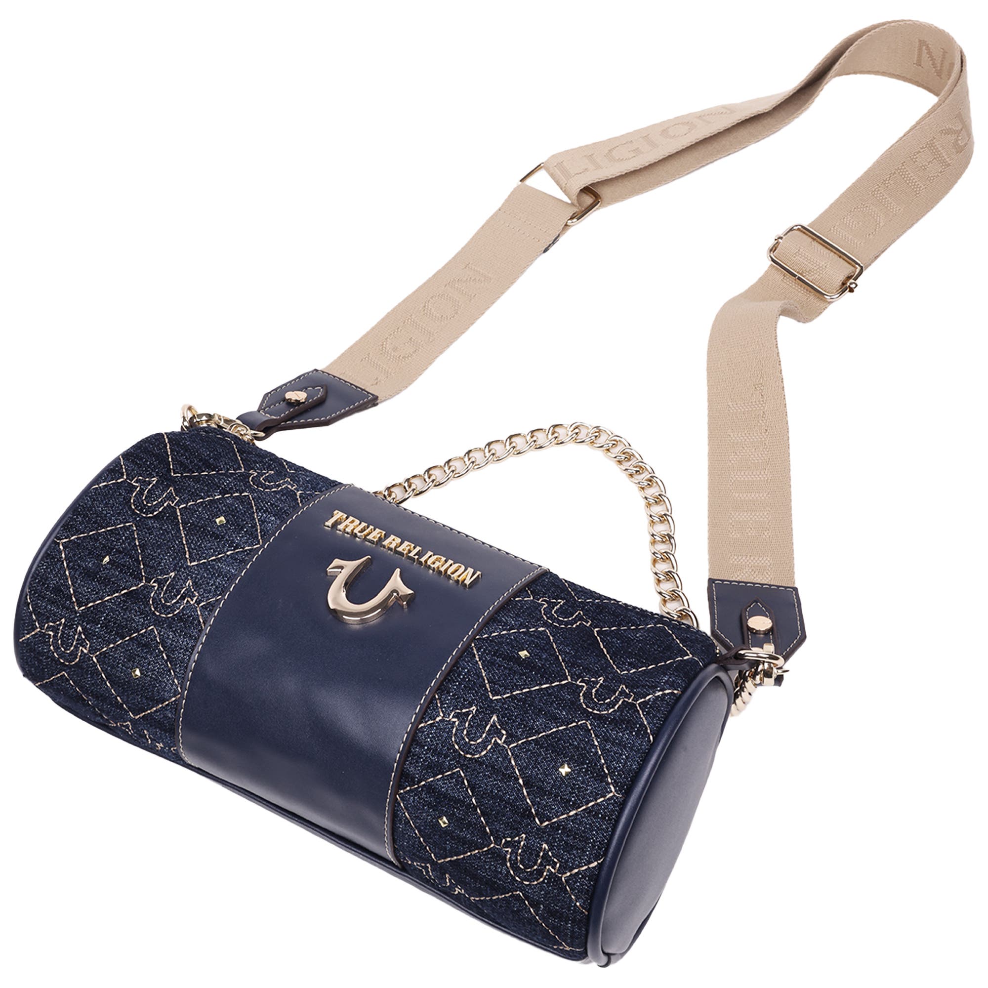 True Religion Studded Denim Zip Top Barrel Bag, Alternate, color, Dark Denim