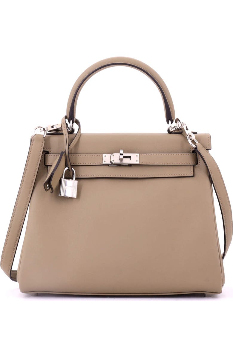Pre-Owned Hermes Kelly Handbag Brown Swift with Palladium Hardware 25, Main, color, Beige Marfa