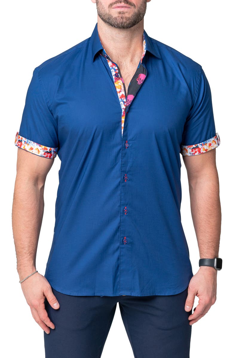 Maceoo Galileo Shiny Blue Short Sleeve Contemporary Fit Button-Up Shirt, Main, color, 
