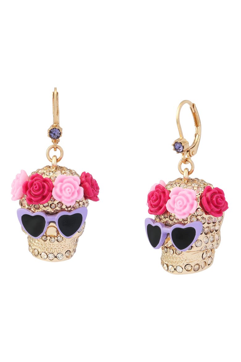 Flower Crown Skull Drop Earrings, Main, color, PINK