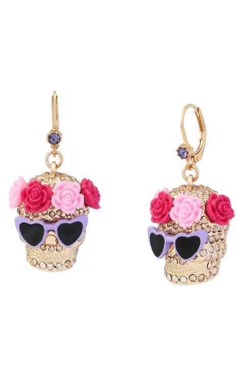 Flower Crown Skull Drop Earrings