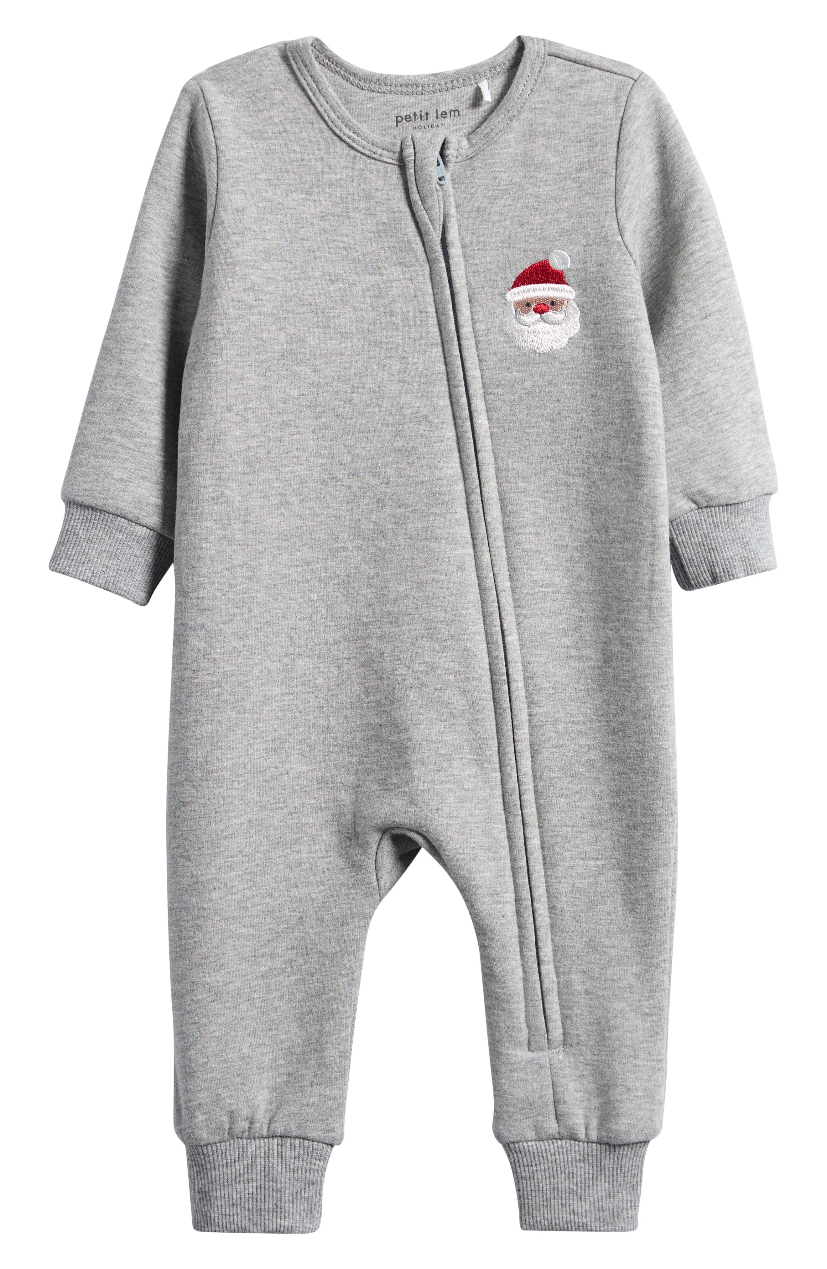 Petit Lem Santa Baby Stretch Organic Cotton Fitted One-Piece Pajamas in Medium Heather Grey 