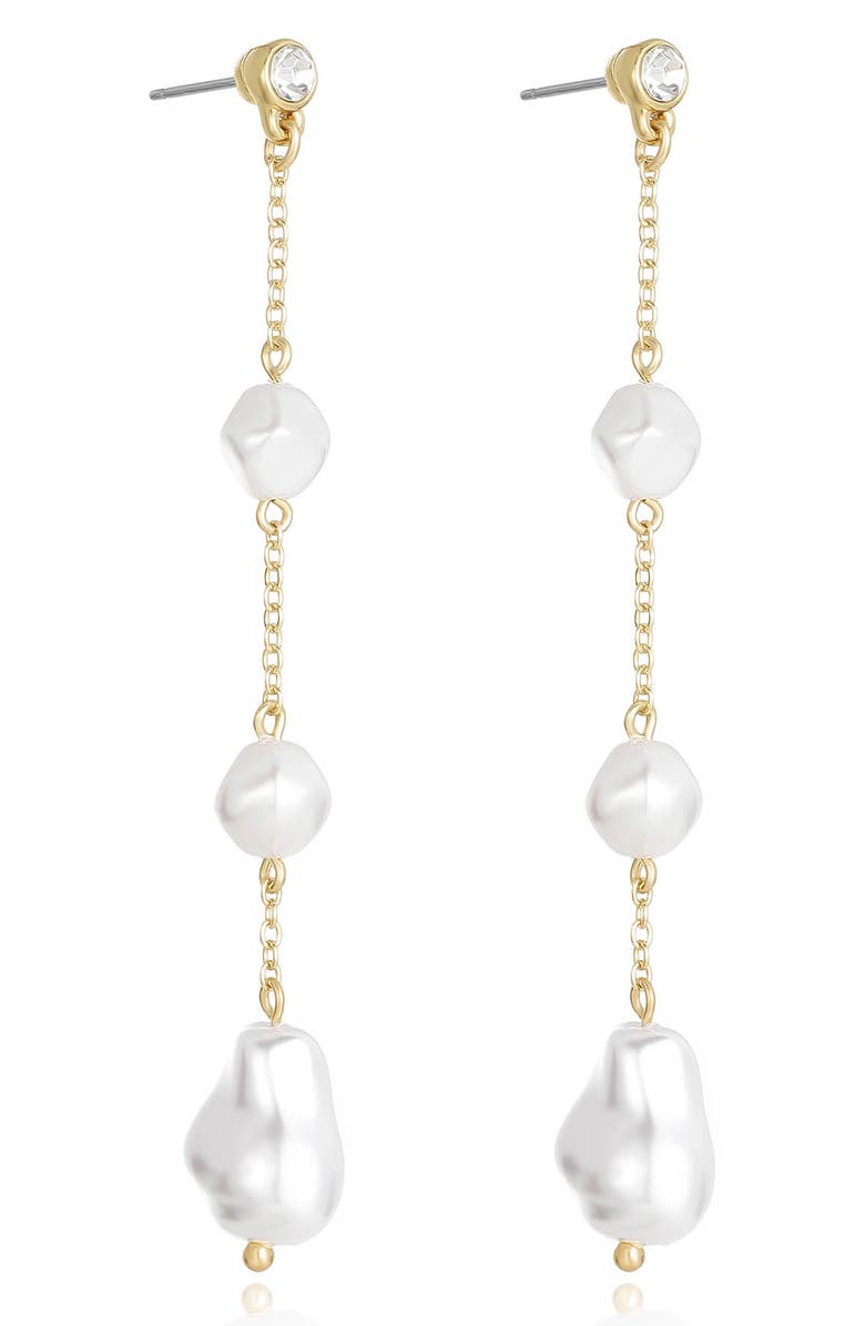 Ettika Crystal & Faux Pearl Linear Drop Earrings, Alternate, color, Gold