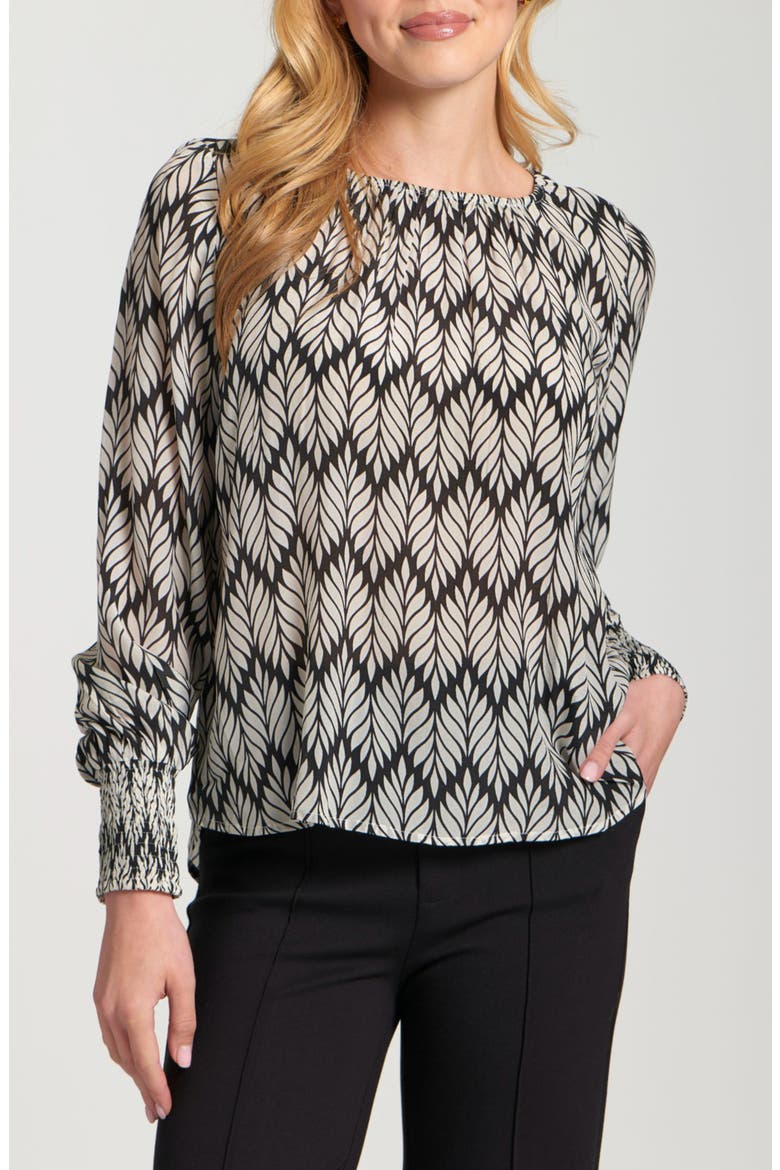 Printed Smocked Cuff Top, Main, color, BLACK/ WHITE
