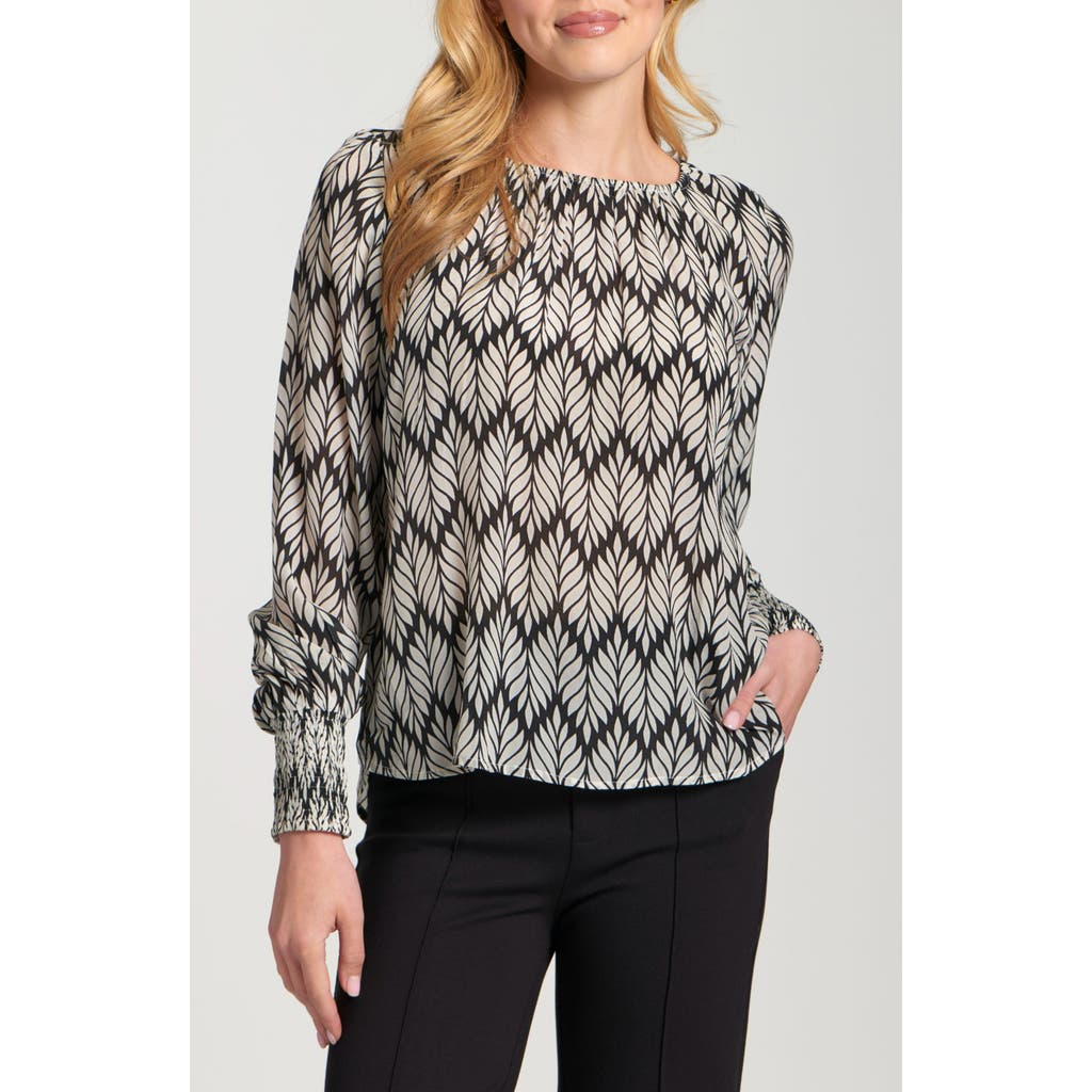 Apny Printed Smocked Cuff Top In Multi