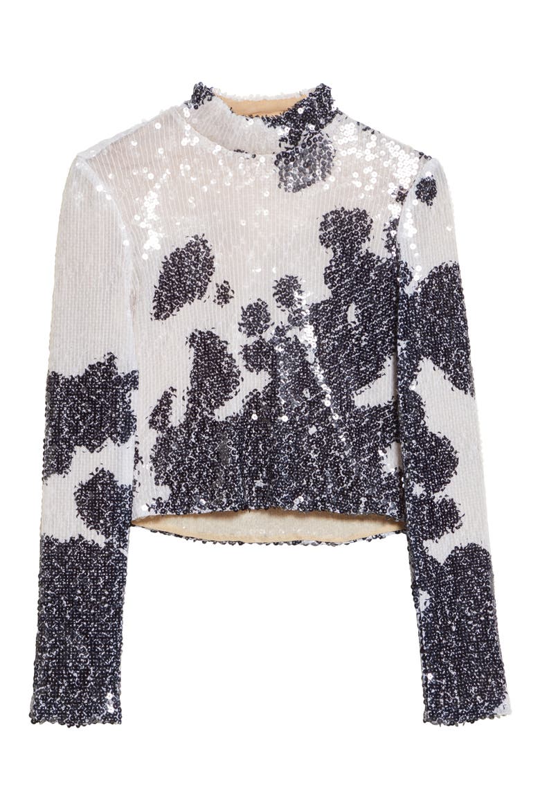 The Maven Paillette Cow Print Mock Neck Top, Alternate, color, SPOTTED BLACK