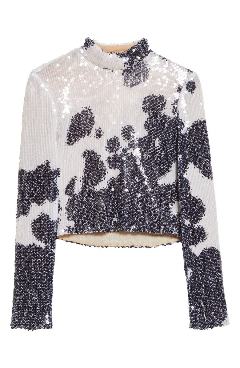Brandon Maxwell The Maven Paillette Cow Print Mock Neck Top, Alternate, color, Spotted Black