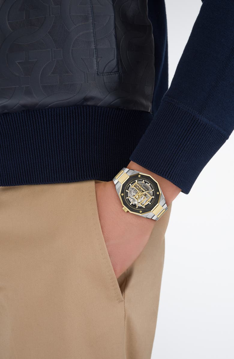 FERRAGAMO Edge Skeleton Automatic Bracelet Watch, 42mm, Alternate, color, Two Tone