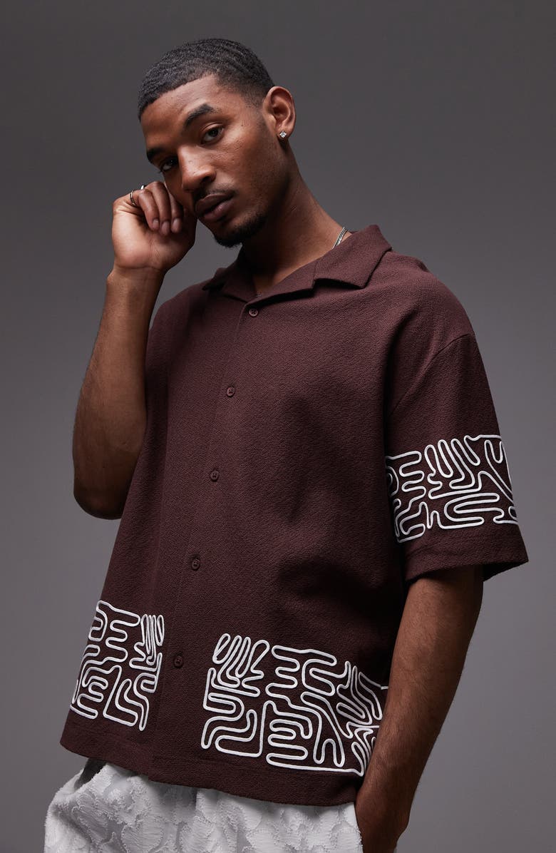 Topman Textured Knit Cotton Camp Shirt, Alternate, color, Brown