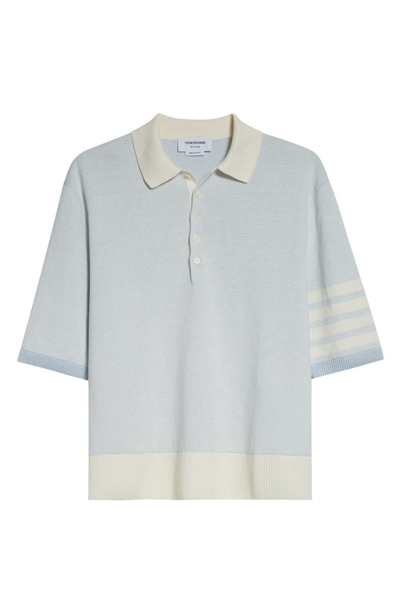 Thom Browne Relaxed Fit 4-Bar Textured Stripe Linen & Cotton Polo Sweater, Alternate, color, Light Blue