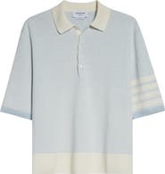 Thom Browne Relaxed Fit 4-Bar Textured Stripe Linen 
Cotton Polo Sweater