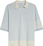 Thom Browne Relaxed Fit 4-Bar Textured Stripe Linen & Cotton Polo Sweater