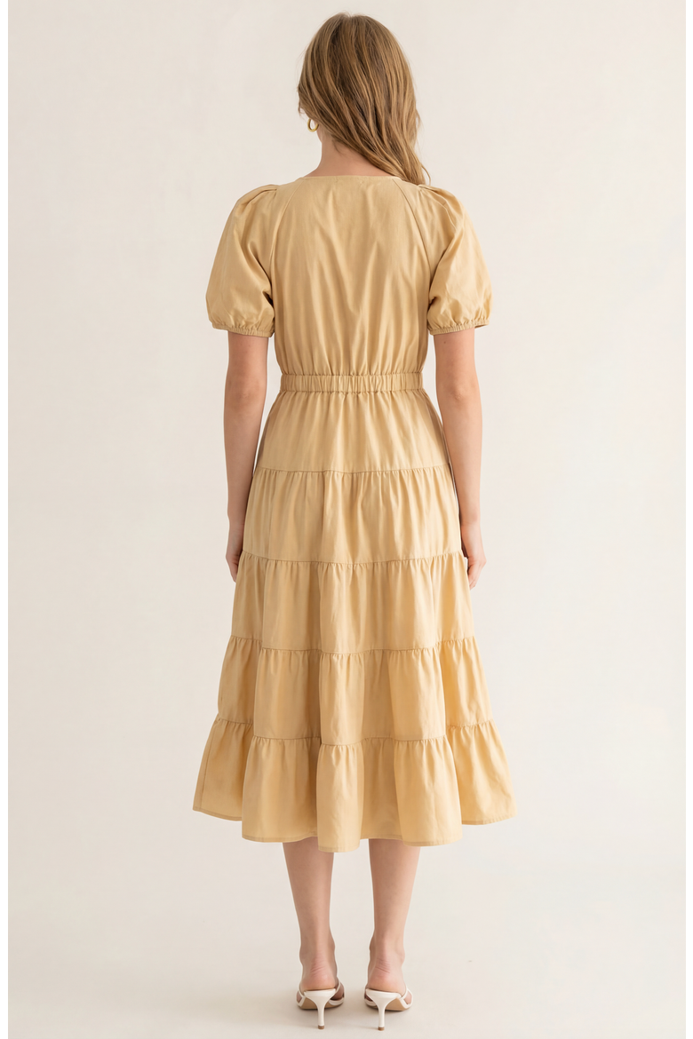 Tiered Puff Sleeve Tie Waist Midi Dress, Alternate, color, Sand