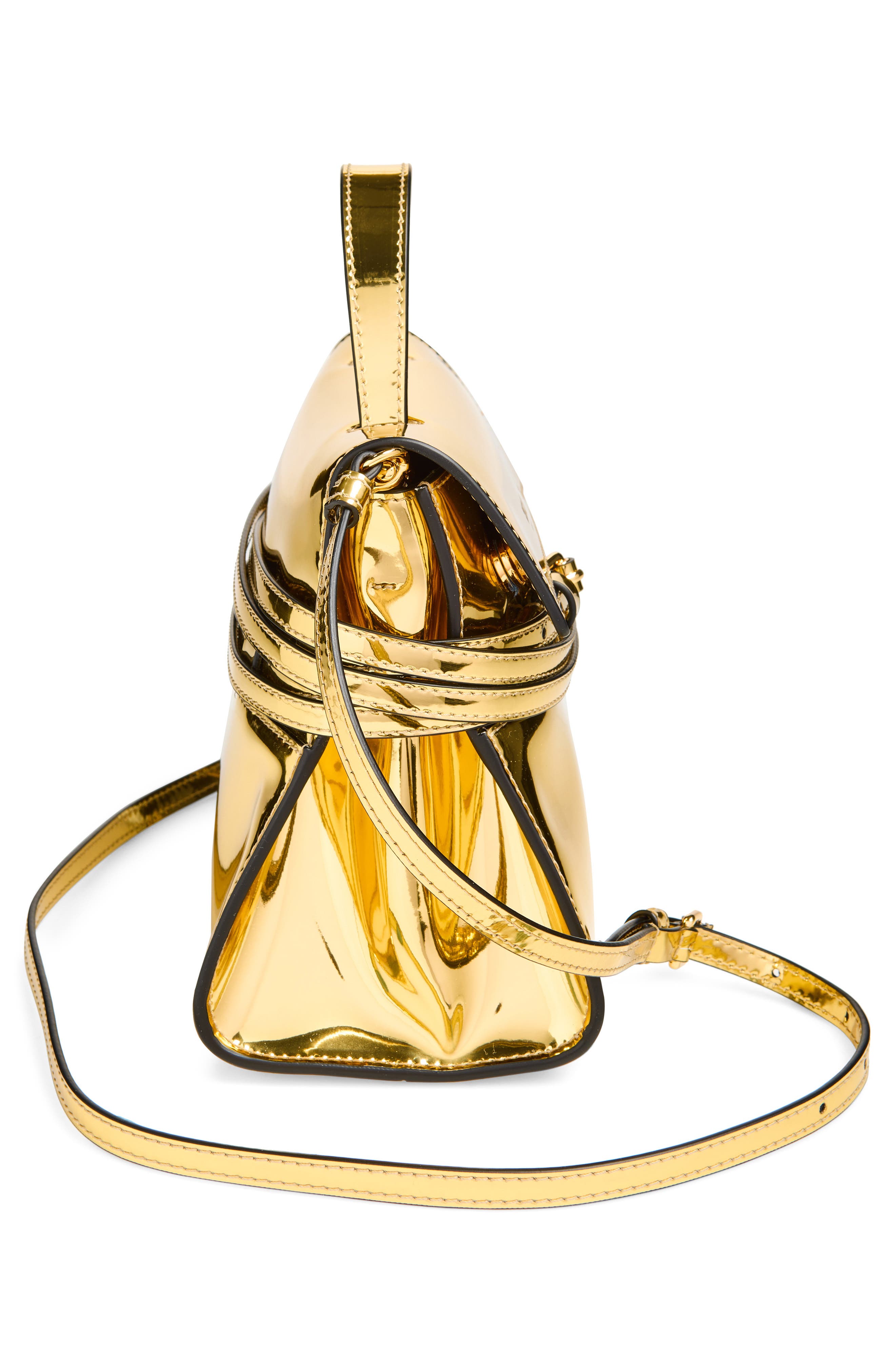 Moschino Tie Me Metallic Faux Leather Handbag, Alternate, color, Gold