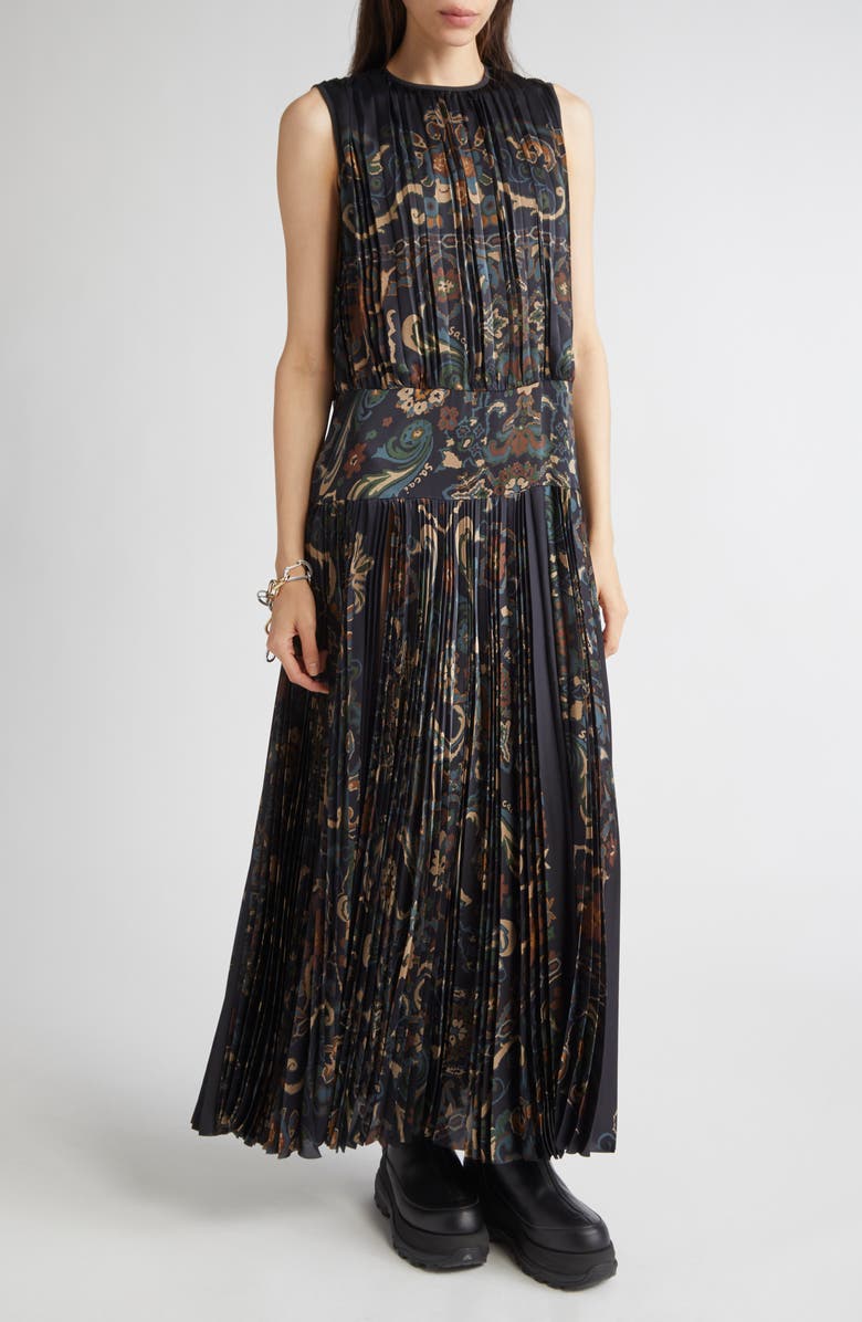 Sacai Floral Sleeveless Gathered & Pleated Dress, Main, color, Navy
