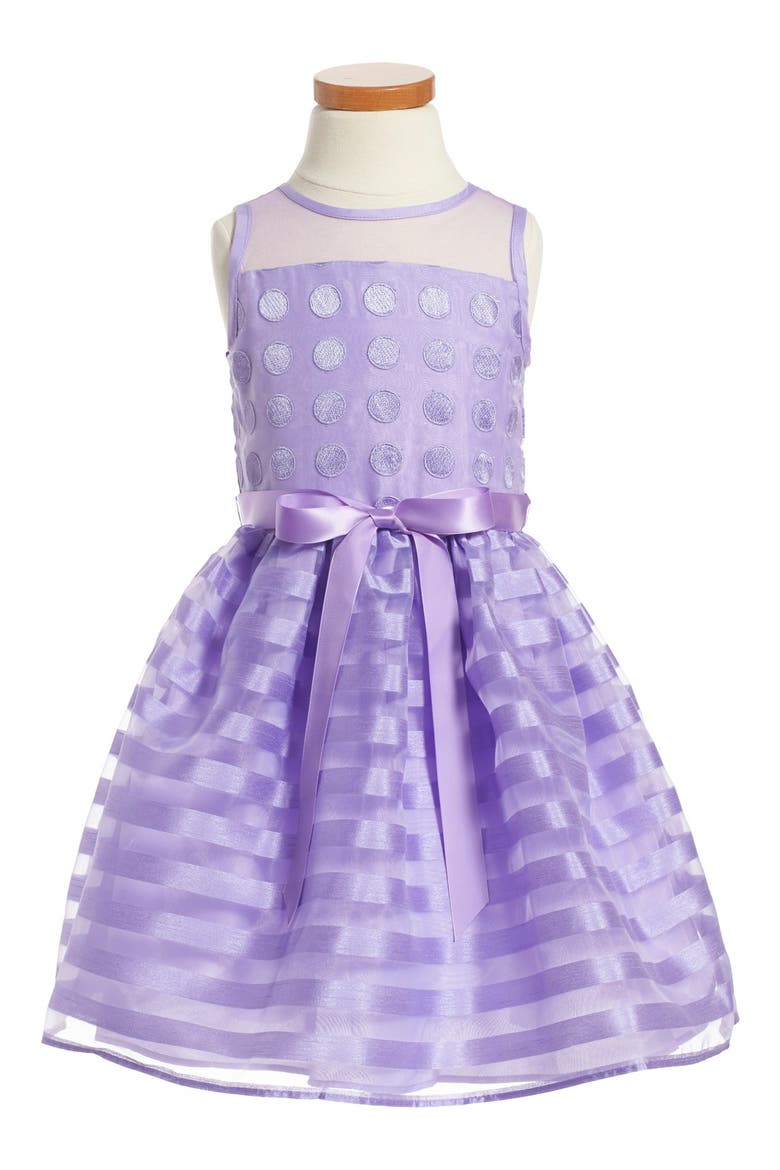 Dot & Stripe Overlay Party Dress, Main, color, LAVENDAR