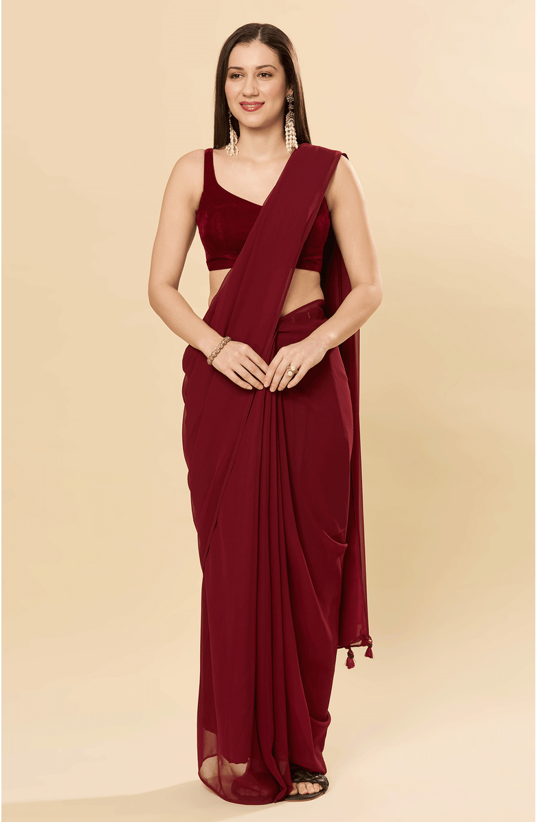 Misha Maroon Pre-Draped Georgette Saree