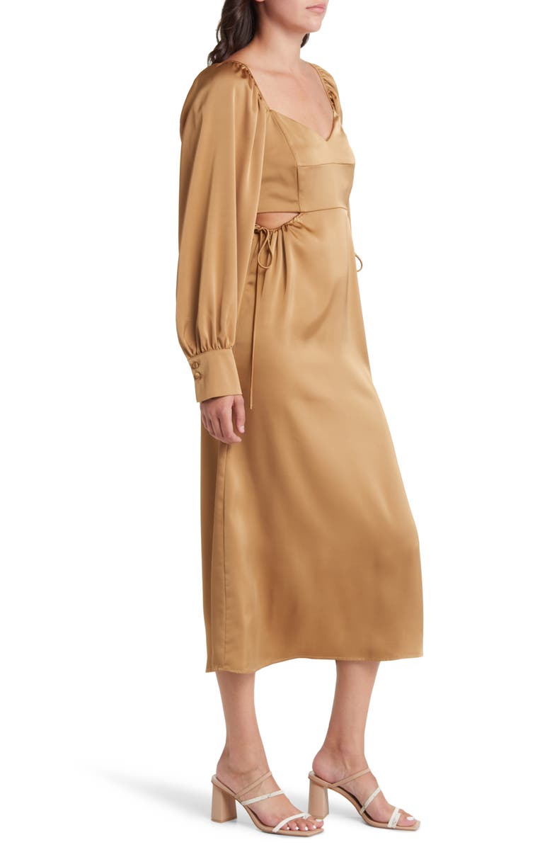 MOON RIVER Cutout Long Sleeve Satin Midi Dress, Alternate, color, Bronze