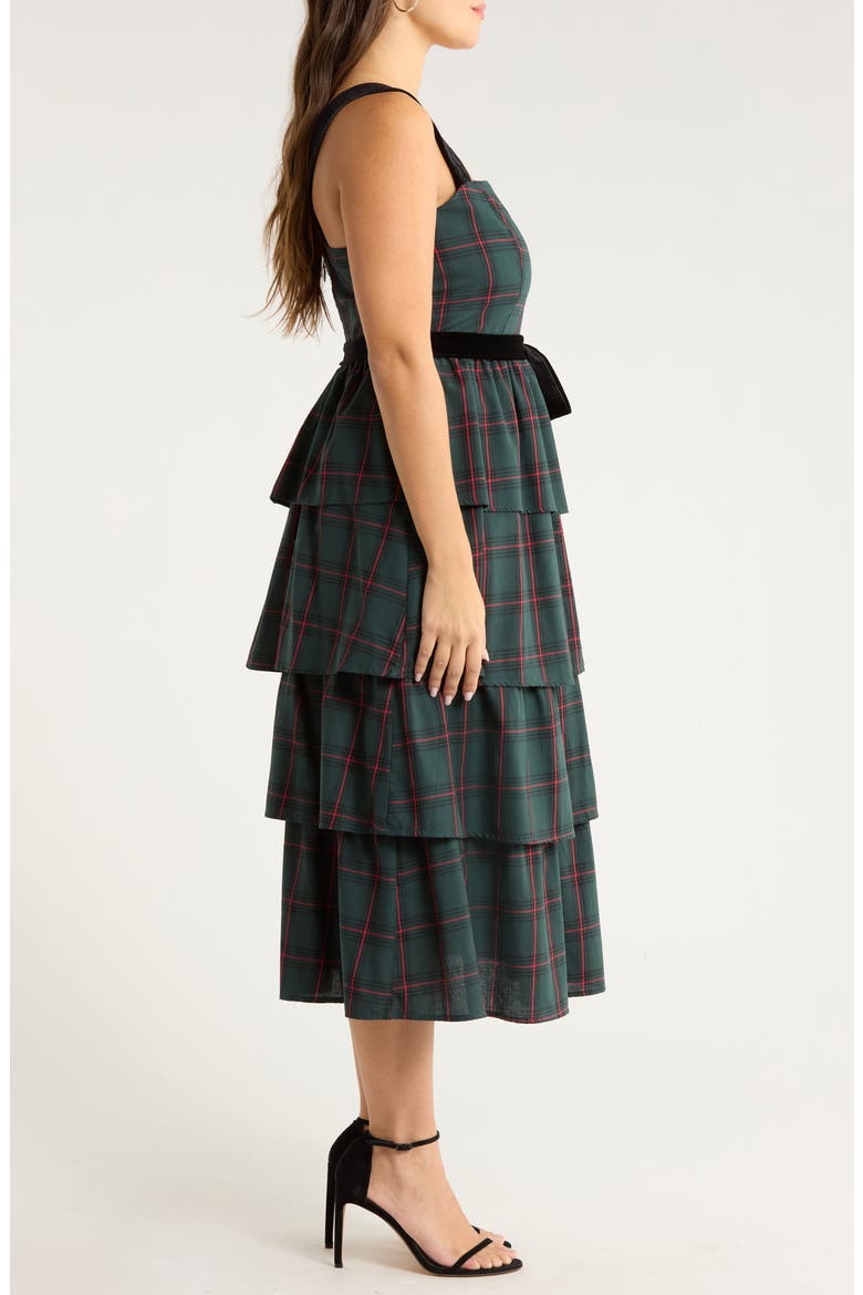 Brook Plaid Velvet Tiered Midi Dress, Alternate, color, GREEN-MULTI
