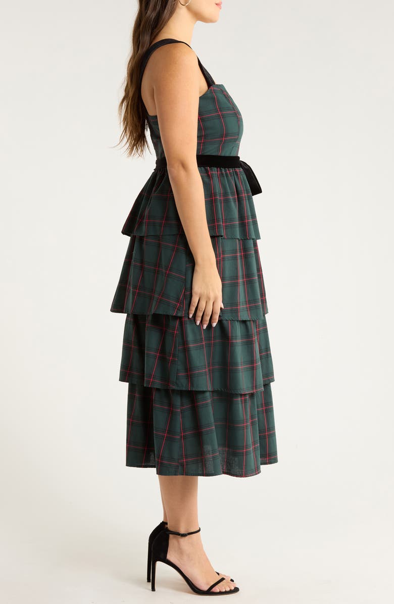 SUGARLIPS Brook Plaid Velvet Tiered Midi Dress, Alternate, color, Green-Multi