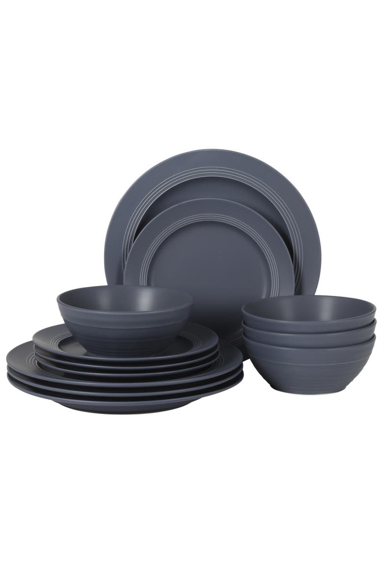 Soleil 12 Piece Stoneware Plates and Bowls Dinnerware Set, Main, color, Echo Blue