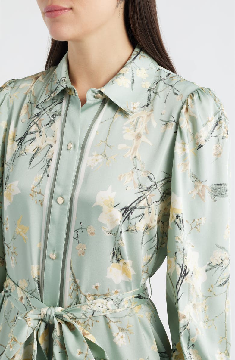 Anne Klein Long Sleeve Tie Belt Satin Twill Shirtdress, Alternate, color, Soft Aloe Multi