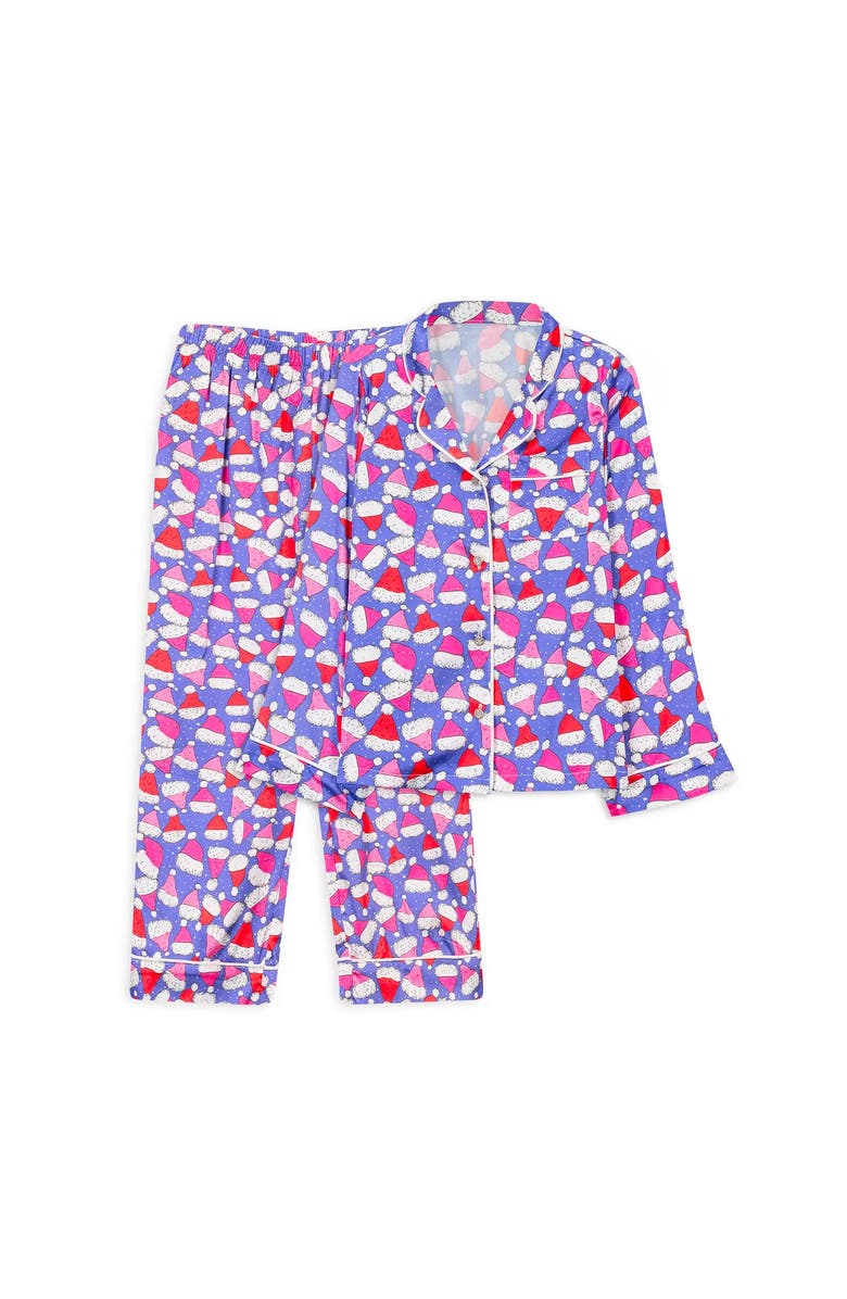 Preppy Goose Santa Hat Satin Long Sleeve Pajama Pant Set, Alternate, color, Periwinkle