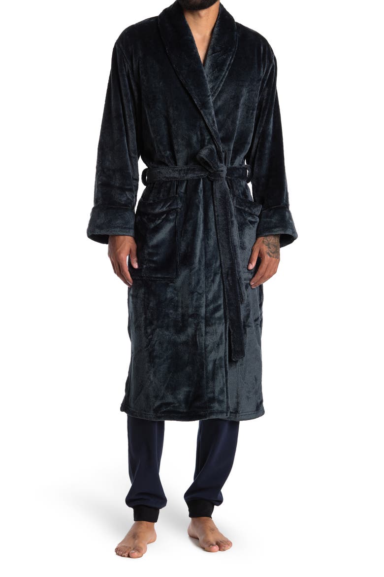 Plush Shawl Collar Tie Waist Robe, Main, color, BLACK