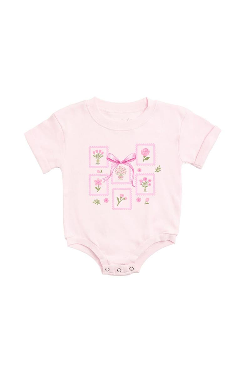 Sweet Wink Bouquet Bow Short Sleeve Romper, Main, color, Ballet Pink