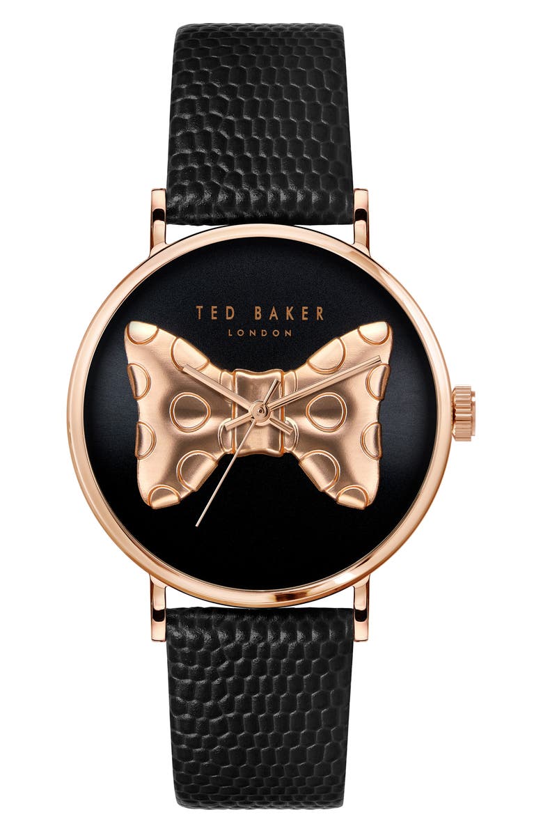 Ted Baker Phylipa Bow Leather Strap Watch, 37mm, Main, color, 