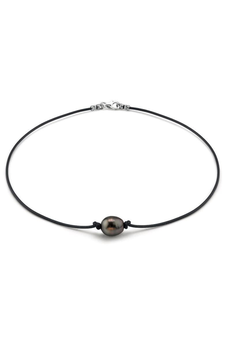 Tahitian Baroque Pearl Leather Necklace for Men, Main, color, Black Pearl