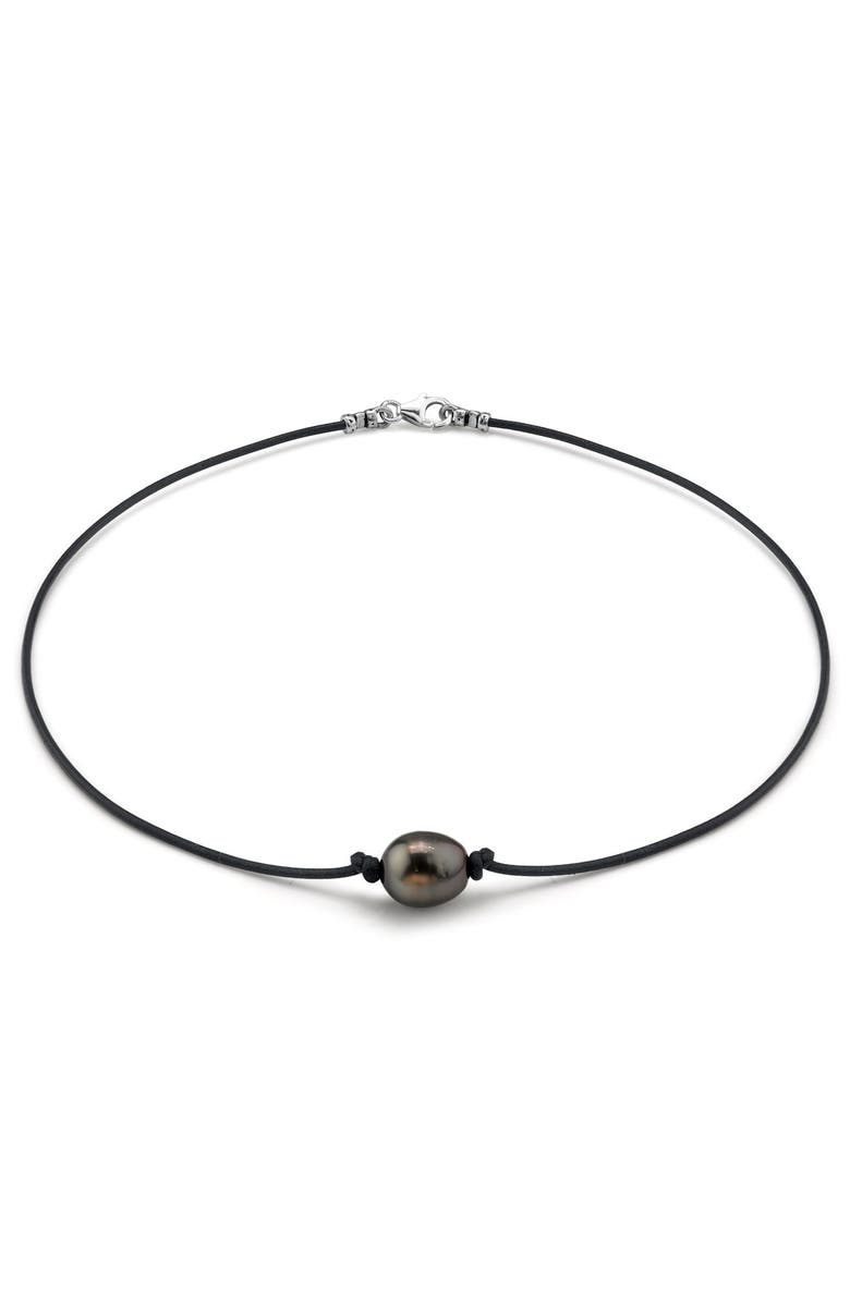 The Pearl Source Tahitian Baroque Pearl Leather Necklace, Main, color, Black Pearl