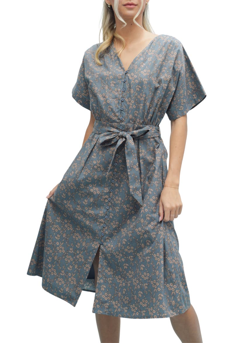 Floral Cotton Midi Dress, Alternate, color, TEAL/ MOCHA