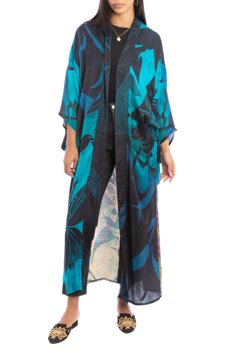 Abstract Floral Polychromatic Longline Duster, Main, color, BLUE