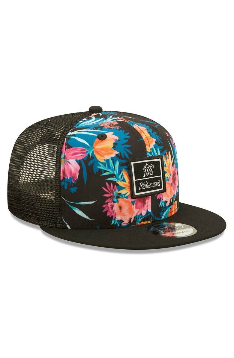 New Era Men's New Era Black Miami Marlins Tropic Trucker 9FIFTY Snapback Hat, Alternate, color, 