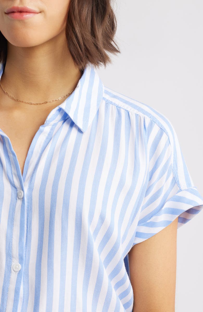 beachlunchlounge Daria Stripe Short Sleeve Button-Up Shirt, Alternate, color, New Glacier