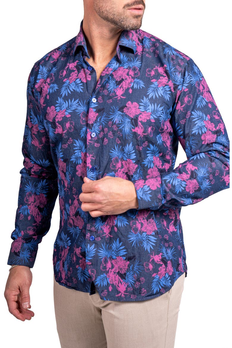 Engineered Ascension0093 Blue Floral Cotton Button-Up Shirtr, Alternate, color, BLUE