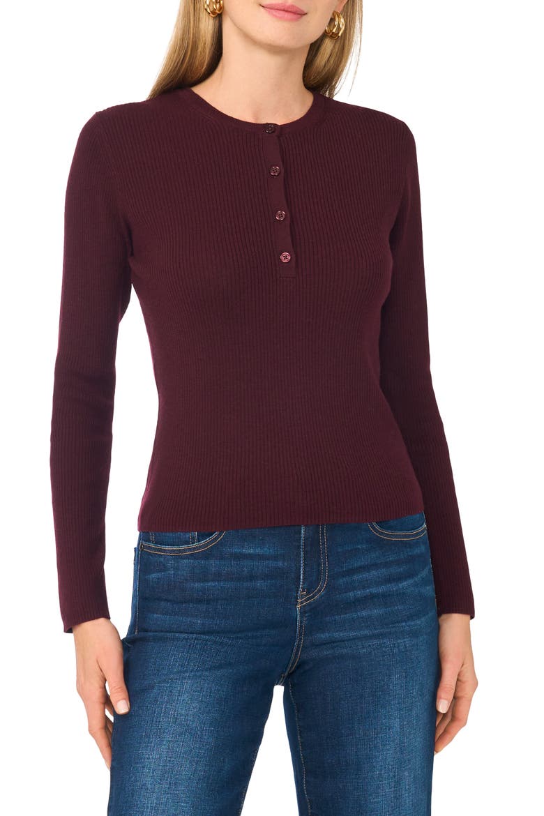 Slim Fit Ribbed Henley Sweater, Main, color, CHOCOLATE BURGUNDY