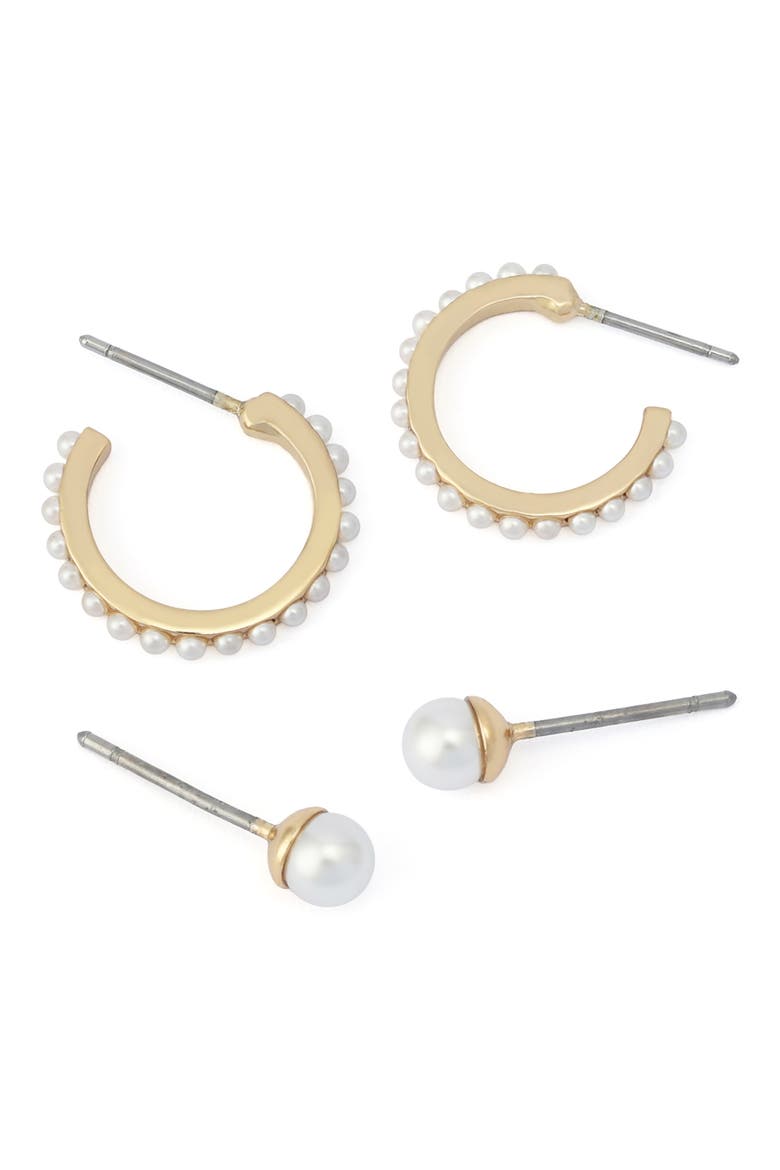 Set of 2 Faux Pearl Stud & Huggie Hoop Set, Alternate, color, GOLD/ PEARL