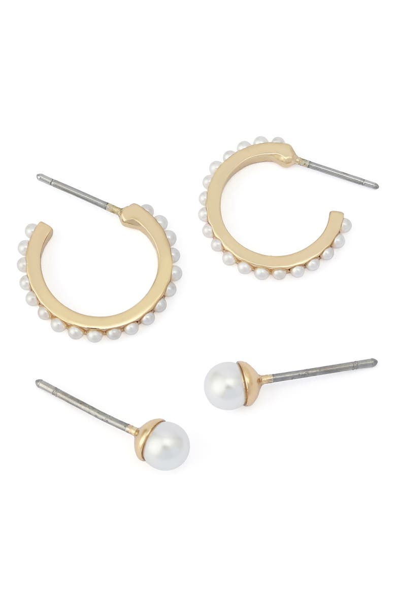 AllSaints Set of 2 Faux Pearl Stud & Huggie Hoop Set, Alternate, color, Gold/ Pearl