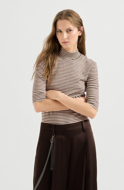 Virgin wool jersey mock neck t-shirt with sparkling stripes and monili